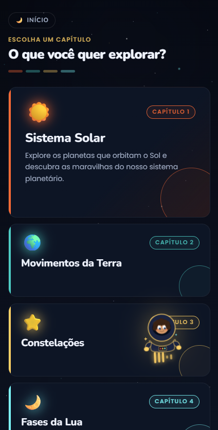 Aplicativo Théo no Mundo da Lua no celular exibindo Missões de Conhecimento